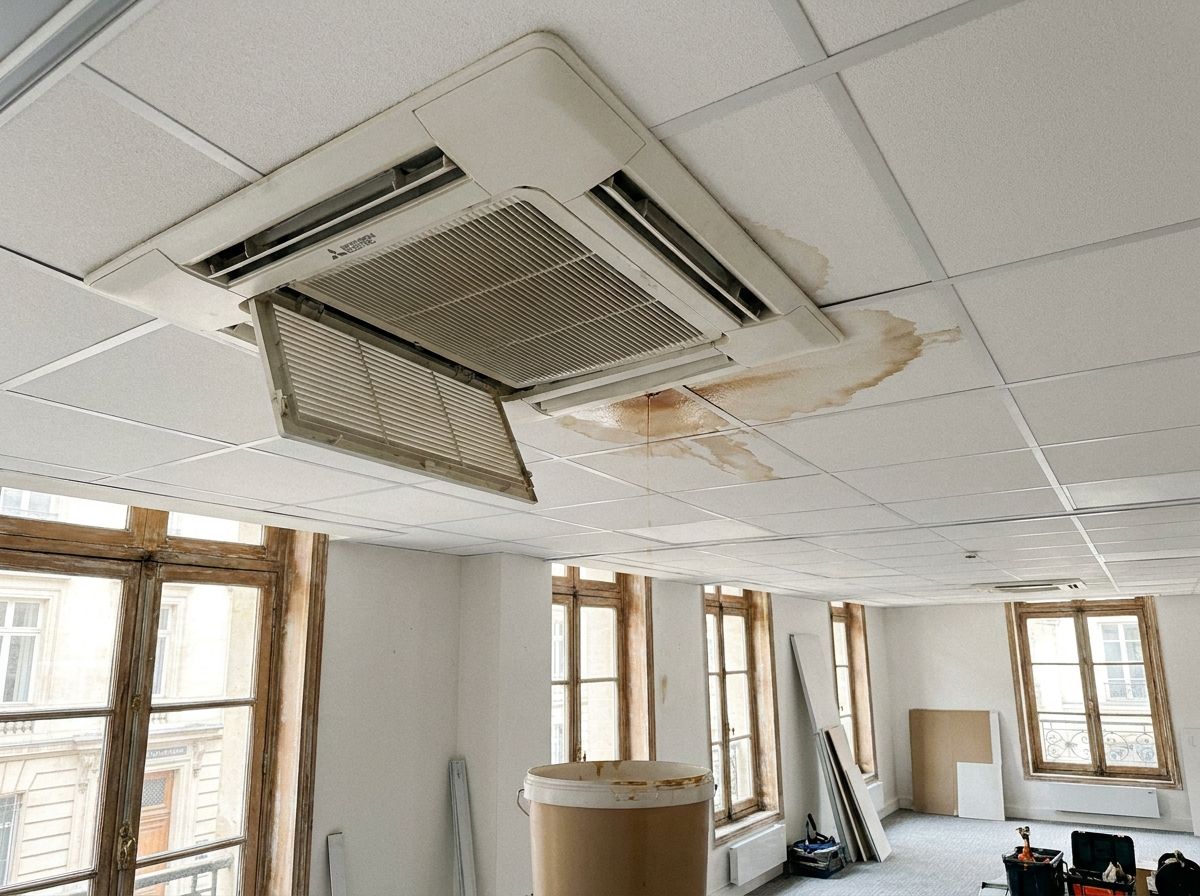 Cassette de climatisation Mitsubishi Electric qui fuit dans un faux plafond de bureau près de la Madeleine