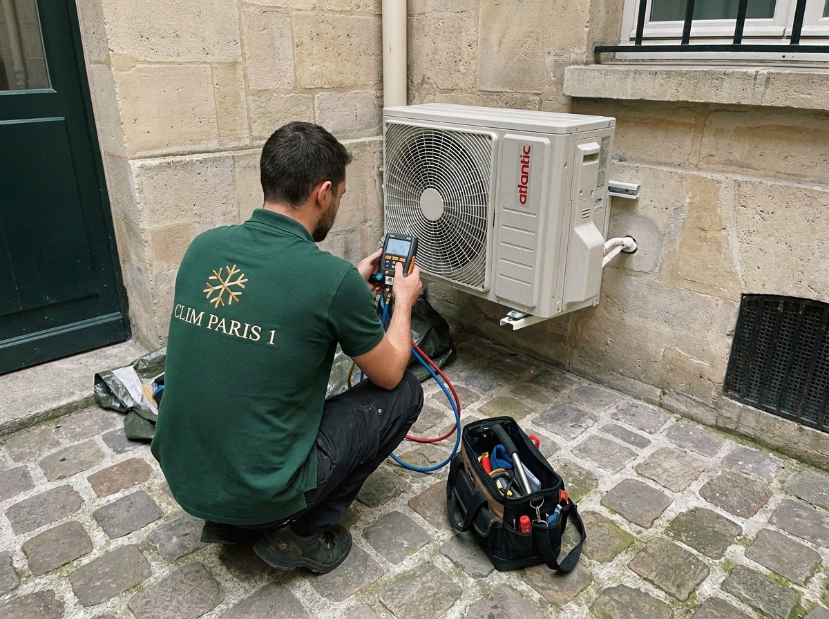 Technicien de trois quarts dos qui lit un manomètre branché sur une unité extérieure