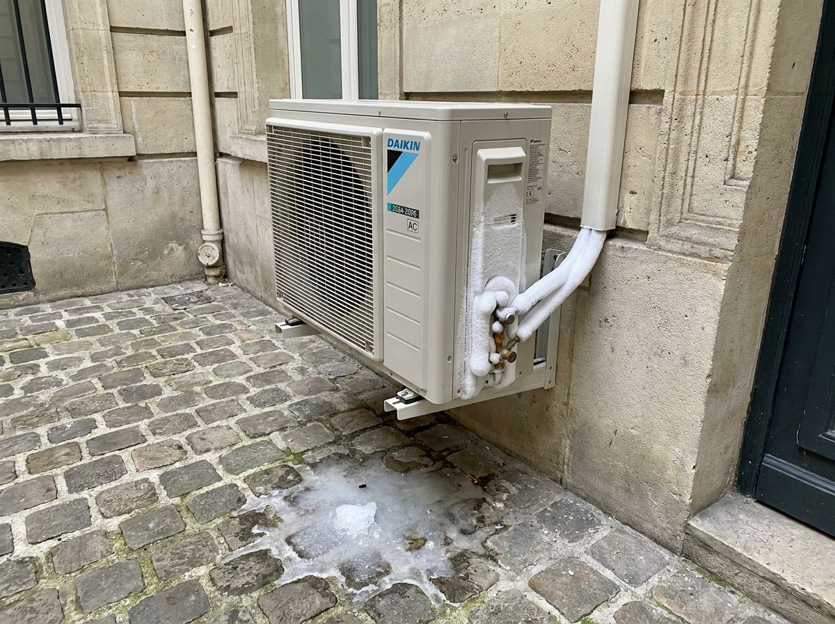 Groupe extérieur Daikin couvert de givre dans une cour pavée près de l'Opéra