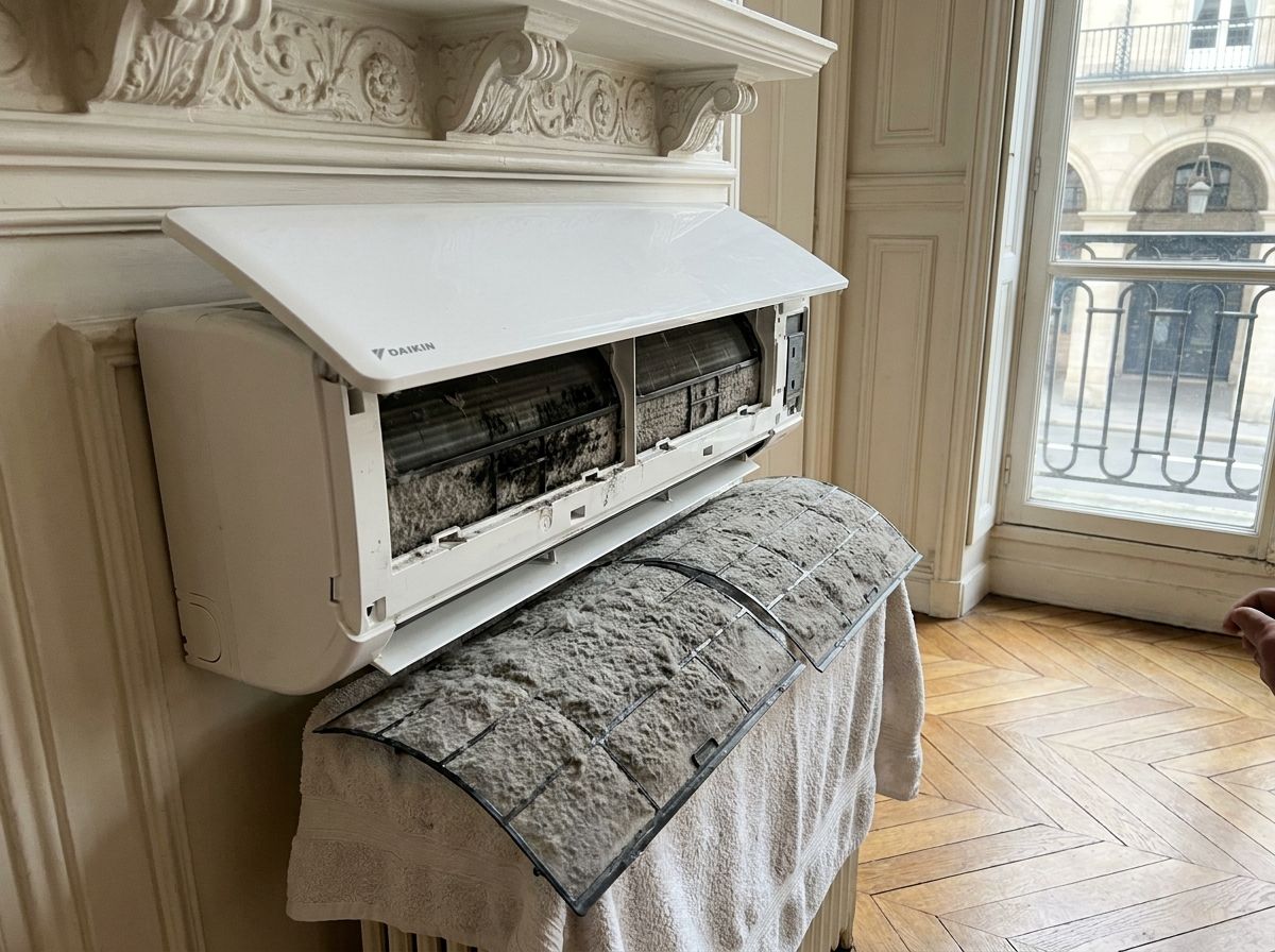 Split Daikin Emura encrassé, filtres couverts de poussière, dans un salon de la rue de Rivoli