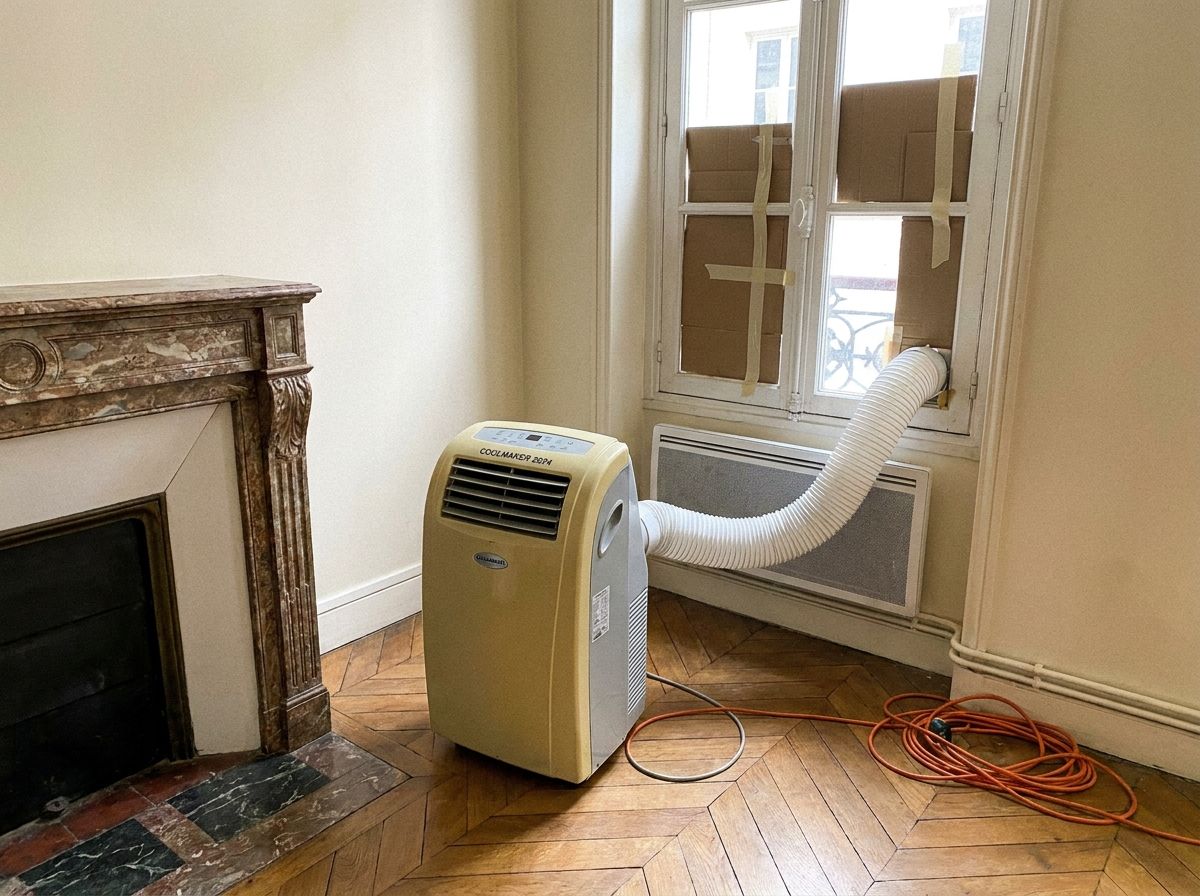 Vieux climatiseur mobile avec gaine passée par la fenêtre, rue Saint-Honoré