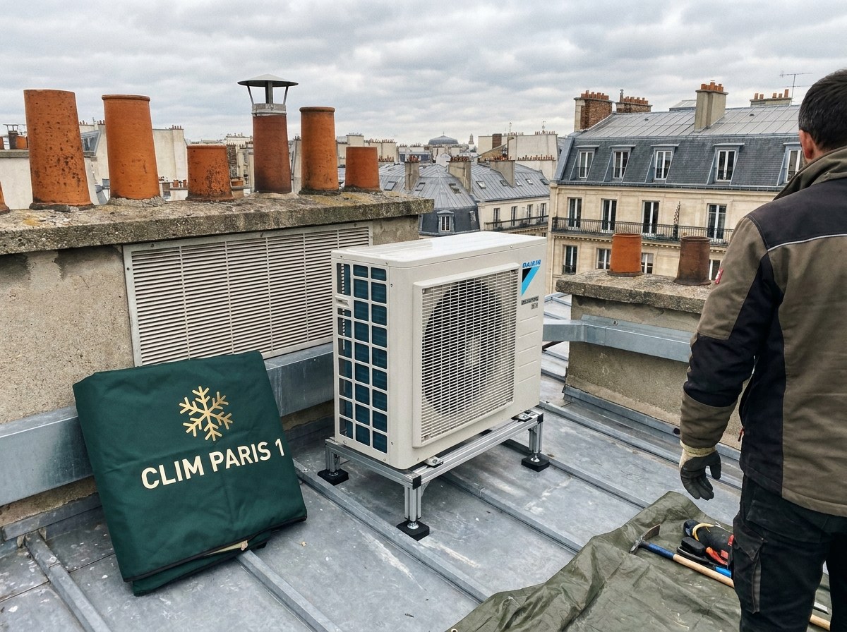 Unité extérieure de climatisation posée sur support sur un toit en zinc parisien