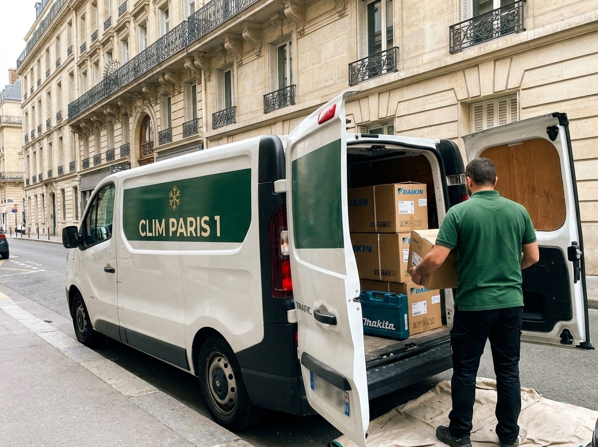 Camionnette blanche floquée Clim Paris 1 garée rue Saint-Florentin