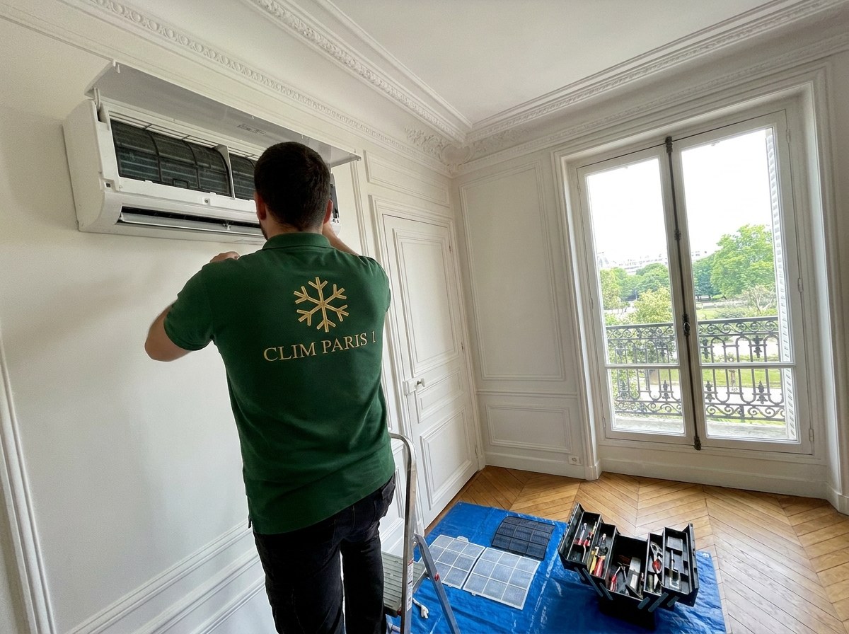 Technicien Clim Paris 1 de dos, en entretien d'un split mural dans un appartement haussmannien