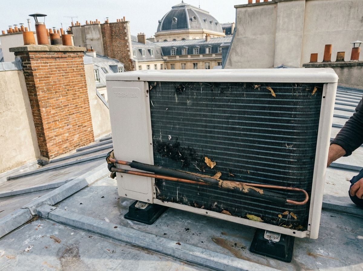 Groupe extérieur Toshiba encrassé sur un toit en zinc près du Palais-Royal